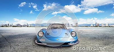 Blue Ferrari Dino, front view parked in a large square Editorial Stock Photo