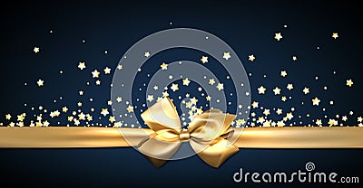 Blue festive banner with golden bow. Vector Illustration