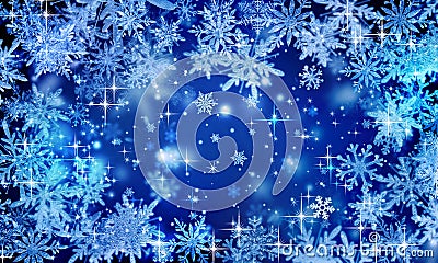 Blue festive winter background, Christmas, glitter, snowflakes falling, icy snowflakes, snowfall, holiday, new year, bright, place Cartoon Illustration