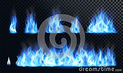 Blue fire flame realistic set Vector Illustration