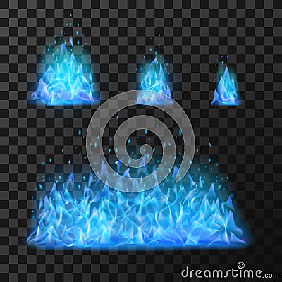 Blue fire flames. Light hot blazing, danger and power Vector Illustration