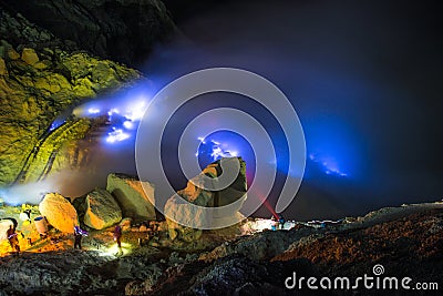 Blue fire, Kawah Ijen Volcano Editorial Stock Photo