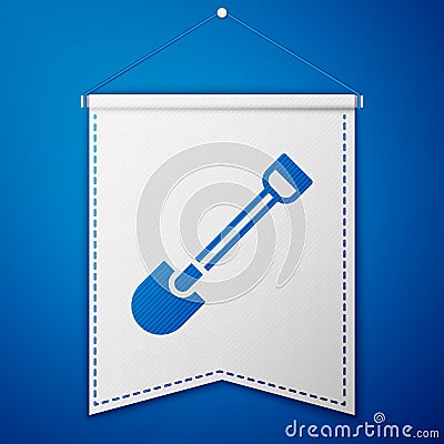 Blue Fire shovel icon isolated on blue background. Fire protection equipment. Equipment for firefighter. White pennant Vector Illustration