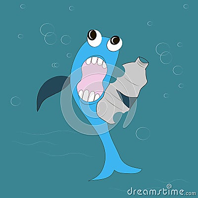 Blue fish with black eyes, dark blue fins, white teeth, pink mouth eats a gray plastic bottle, blue water Vector Illustration