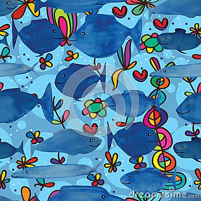 Blue fish cartoon watercolor seamless pattern Vector Illustration