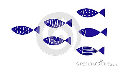 Blue fish colony. Collection of abstract fish Vector Illustration