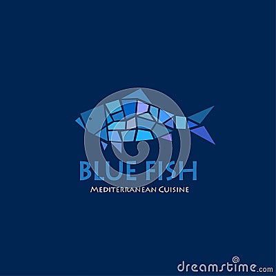 Blue fish logo. Mediterranean cuisine restaurant. Blue fish mosaic on a dark background. Vector Illustration