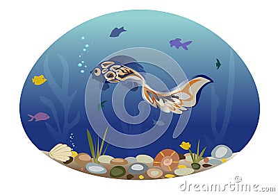 Blue fish swims among seaweed and small fish. Vector Illustration