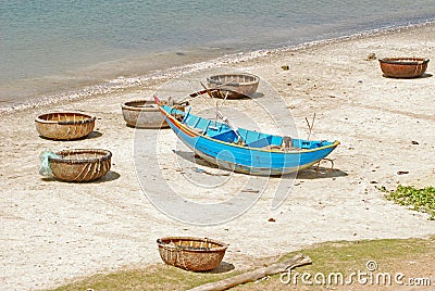 Blue Fishing boat in Danang Stock Photo