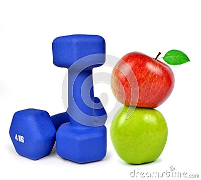 Blue fitness dumbbells with apples Stock Photo