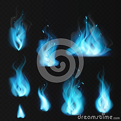 Blue flame. Burning fiery natural gas hot fireplace flames warm fire blazing bonfire effect blue magic flaming vector Vector Illustration