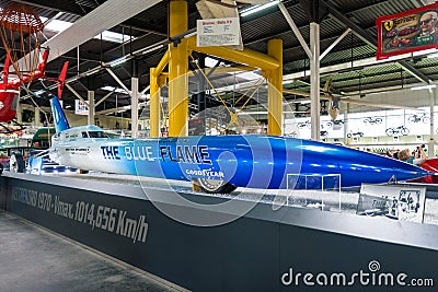 The Blue Flame rocket-powered vehicle on exhibit in Sinsheim Editorial Stock Photo