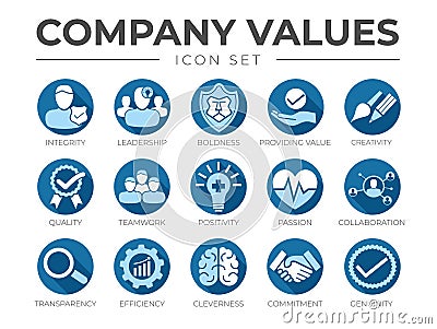 Blue Flat Business Company Values Flat Round Icon Set. Integrity, Leadership, Boldness, Value, Creativity, Quality, Teamwork, Vector Illustration