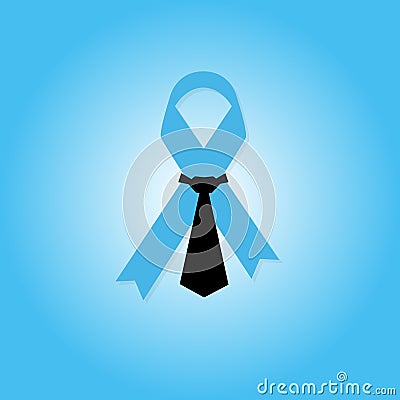 Blue flat Cancer Awareness ribbon in tie. Men`s health concept. Vector Cartoon Illustration