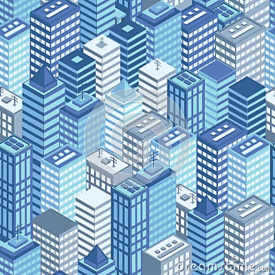 Blue flat isometric city seamless pattern Vector Illustration