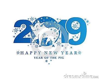 Blue flat pattern 2019 and coming cute pig and snowflakes. Stock Photo