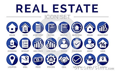 Blue Flat Real Estate Round Icon Set of Home, House, Apartment, Buying, Renting, Searching, Investment, Choosing, Wishlist, Low Vector Illustration