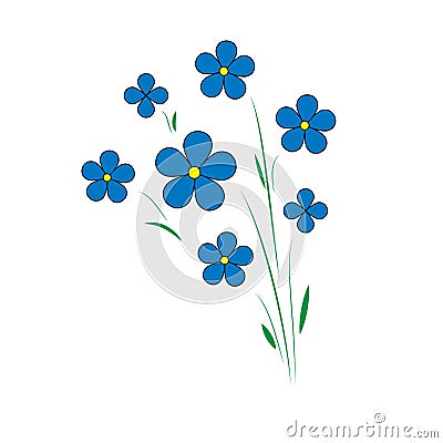 blue flax flowers. Five petals with a yellow center. Agroculture Vector Illustration