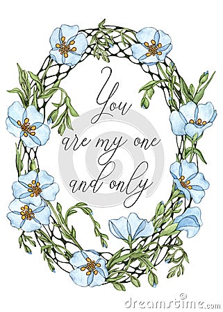 Blue flax flowers wreath. Greeting card, wedding invitation Cartoon Illustration