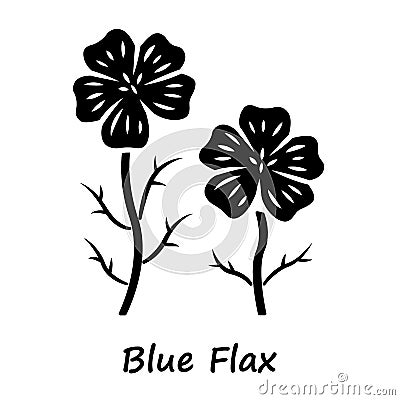 Blue flax plant glyph icon. Linen wild flower with name inscription. Spring blossom. Blooming linum wildflower Vector Illustration