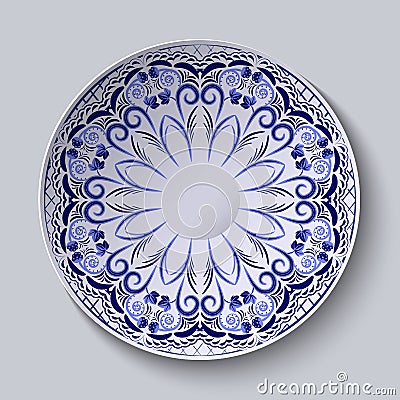 Blue floral pattern on a round plate. Stylization of Chinese porcelain painting. Vector Illustration