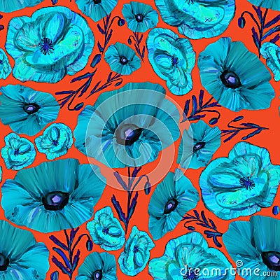 Blue Floral seamless pattern on orange background. Flower poppy background. Beautiful ornamental texture with flowers Cartoon Illustration