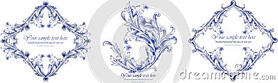 Blue floral watercolor gzhel frames and elements Vector Illustration