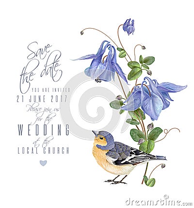 Blue flower bird card Vector Illustration