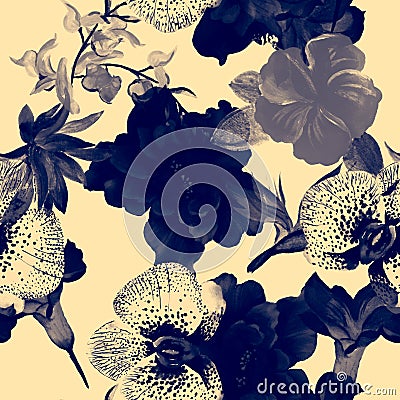 Blue Flower Garden. Indigo Summer Backdrop. Azure Seamless Painting. Watercolor Backdrop. Pattern Foliage. Floral Textile. Exotic Stock Photo