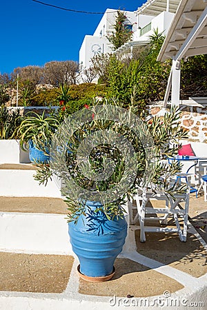 Blue flower pot, a typical Greek decoration. Stock Photo
