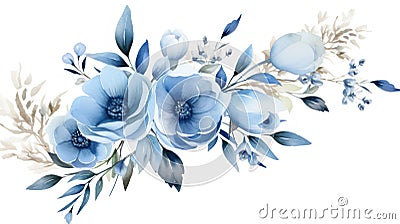 Blue flowers watercolor illustration. Manual composition. Spring blossom. Generative AI Cartoon Illustration