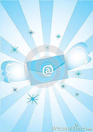 Blue flying envelope on striped background Vector Illustration