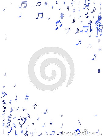 Blue flying musical notes isolated on white backdrop Vector Illustration