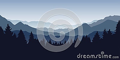 Blue foggy mountain and forest nature landscape Vector Illustration