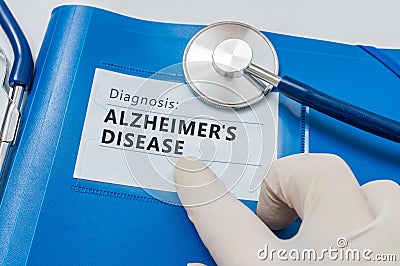 Blue folder with Alzheimer's disease diagnosis Stock Photo