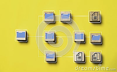 Blue folder and document icon print screen on wooden block cube and flow diagram for document management system concept Stock Photo