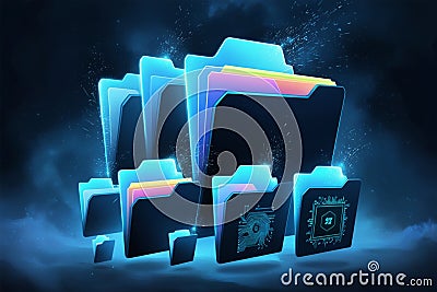 blue folders of different shapes and sizes storing information on computers and servers- data protection concept Cartoon Illustration