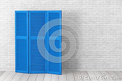 Blue Folding Wooden Dress Screen in front of Brick Wall. 3d Rendering Stock Photo