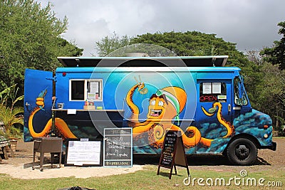 Blue Food Truck in Koloa, Kauai, Hawaii Editorial Stock Photo