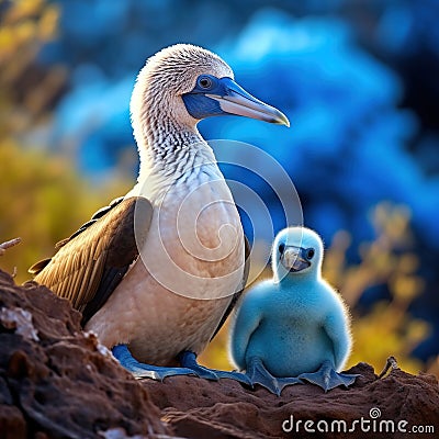 Blue footed booby with chick in the Galapagos Cartoon Illustration