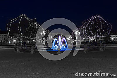 A blue fountain in Christmas time Stock Photo