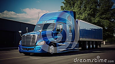 Blue Freightliner Truck Parked Next to Building. Generative Ai Stock Photo