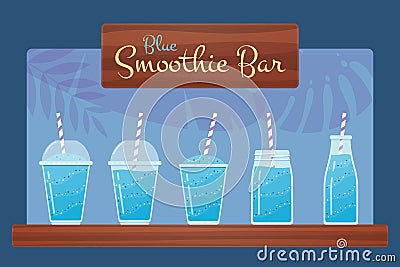 Blue fresh fruit smoothie or cocktail vector set. Vector Illustration