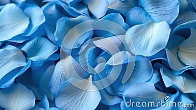 Blue fresh rose petals in macro. Soft focus. Backdrop for wedding invitation. Generative AI Stock Photo