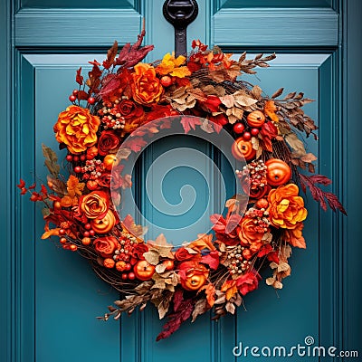 Blue front door with festive autumn wreath Stock Photo