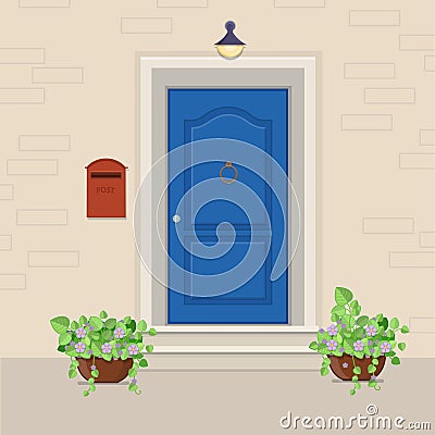Blue front door with a mailbox on the wall and flowers in the po Vector Illustration