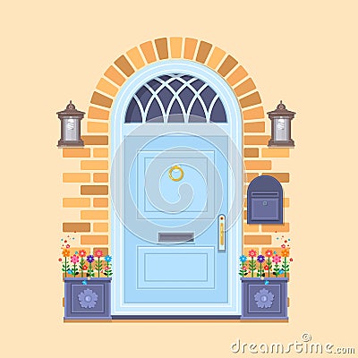 Blue front door on the yellow brick wall with two pots with plants and lanterns. Vector building element. Cartoon house Vector Illustration