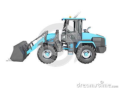Blue front loader with large bucket on wheeled drive left side 3D render on white background no shadow Stock Photo