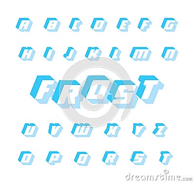 Blue frost font, vector geometric alphabet. 3D letters with shadow. Bold and italic square typography. Frozen ice cubes Vector Illustration