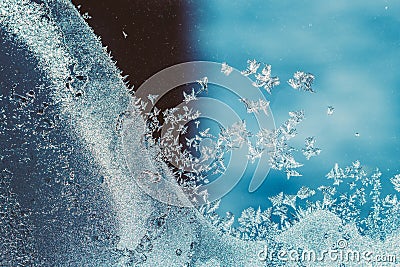 Blue Frosty Glass Ice Background, Natural Beautiful Snowflakes Stock Photo